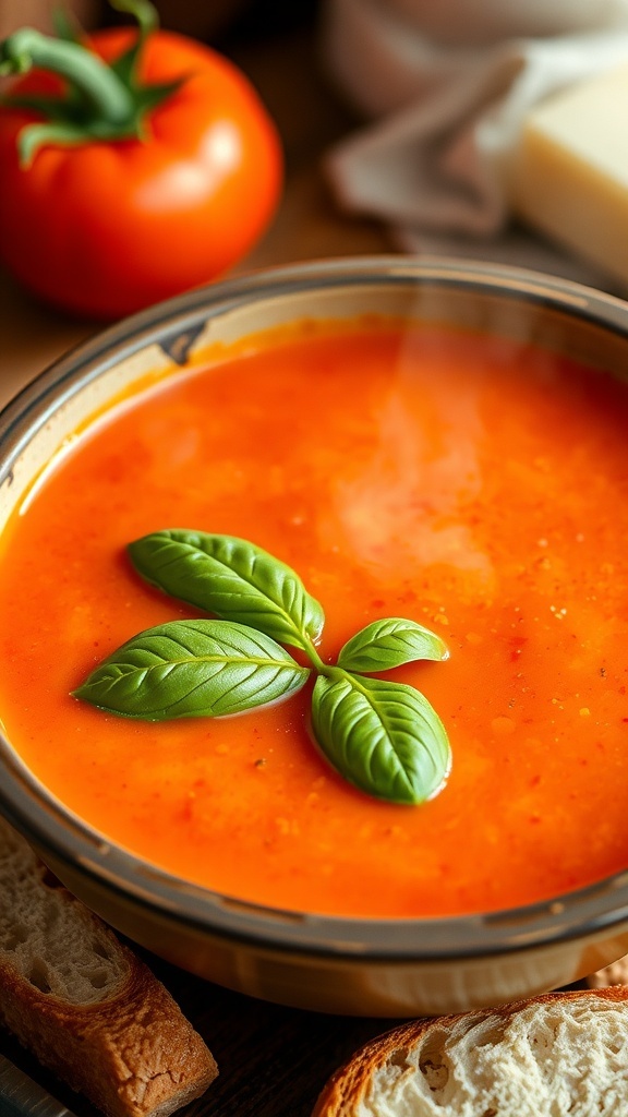 Simple 5-Ingredient Tomato Soup Recipe A bowl of creamy tomato soup garnished with basil, alongside a slice of crusty bread.